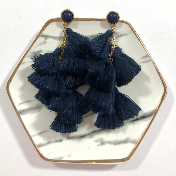 Terra Tiered Tassel Navy Blue Boutique Earring - Picture 3 of 7